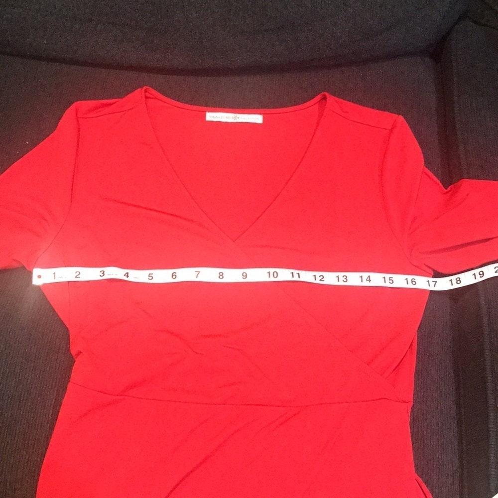 SIGNATURE COLLECTION Faux Wrap Dress Midi Red Jersey Knit Fit and Flare Dress-M - Picture 9 of 10
